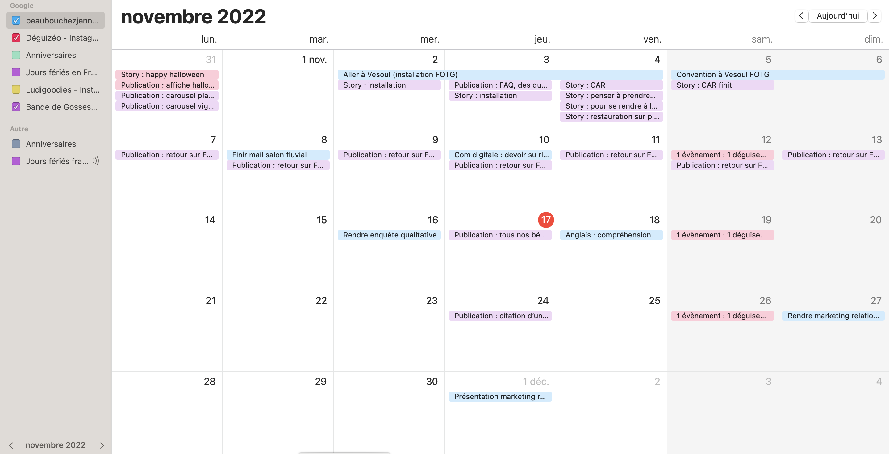 Capture d'écran d'un calendrier sur 'calendrier' pour être organisé